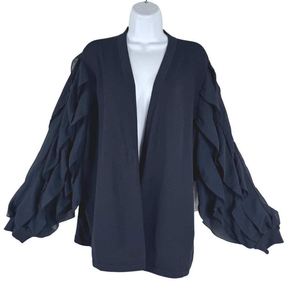 Chico's‎ Cardigan Sweater Size 4 Ruffle Sleeve Navy Blue Open Front NWT CJ-2328